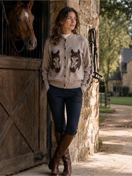 Marled Sweaters - Marled Women’s Horse Intarsia Cardigan Sweater Size S Taupe Brown Equestrian